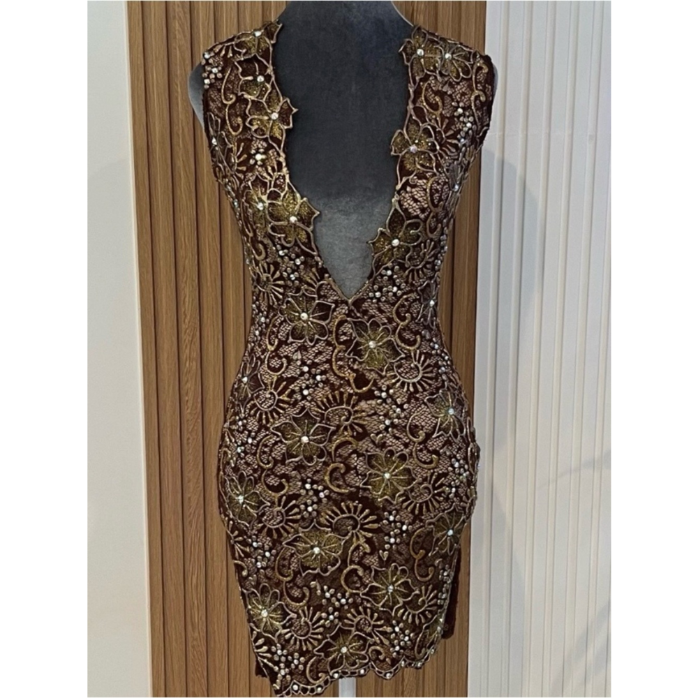 Handmade Boutique Maroon / brown/gold /sparkle floral dress size Small - Picture 2 of 4